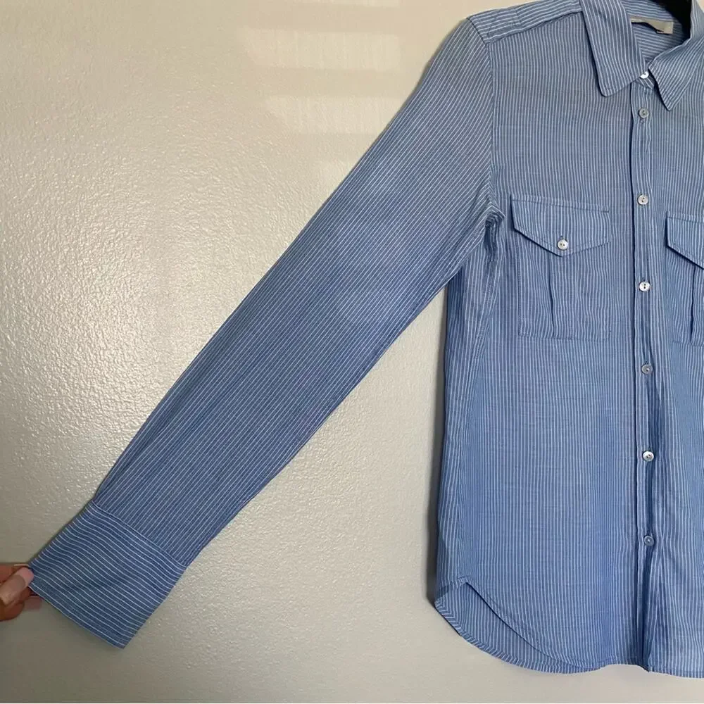 Vince Striped Button Up Double Pocket Cotton Blouse